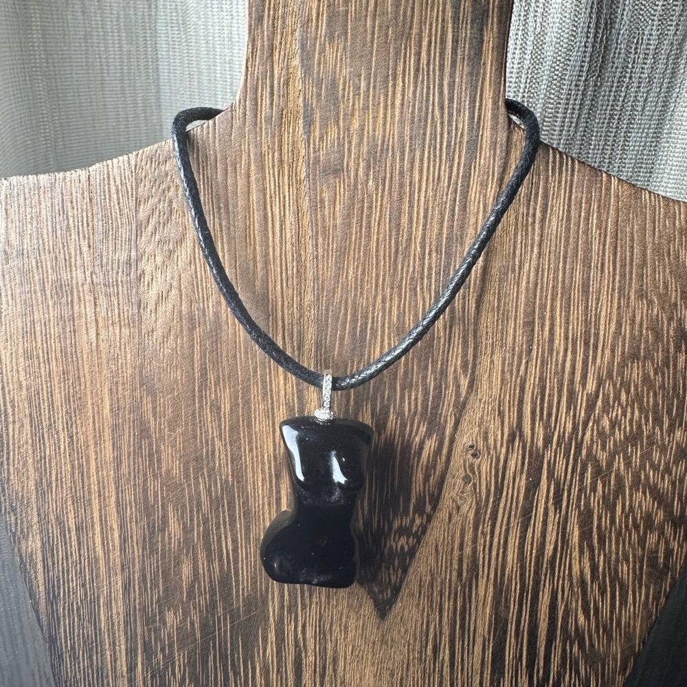 Black Obsidian Lady Body Pendant Necklace on Black Rope, Sterling Silver Bail - Picture 3 of 14